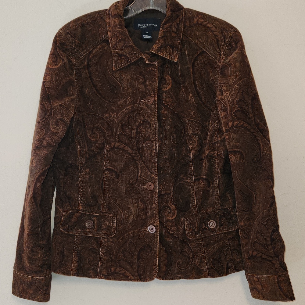 Jones New York Signature Brown Paisley Corduroy Blazer Jacket Size M Vintage